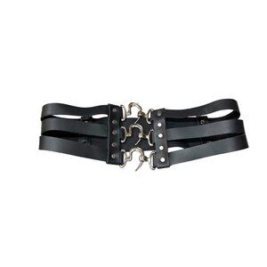 Black Triple-Hook Cinch Waist Belt With Elastic Panel & Faux Leather Straps